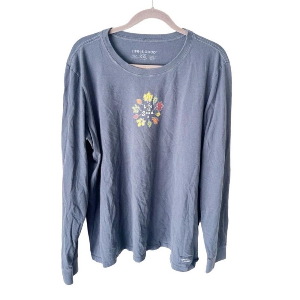 Life Is Good Crusher Long Sleeve Tee Blue Fall Leaves Size XXL Cabincore Cozy